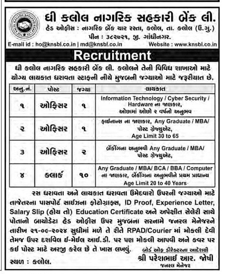 The Kalol Citizens Cooperative Bank Ltd Recruitment 2024